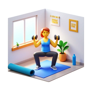 A cozy home workout corner featuring a person performing hammer curls with dumbbells. The individual is wearing comfortable athletic clothing, showcasing a focused expression. Nearby, there is a yoga mat rolled up and a water bottle on the floor. Soft, natural light is streaming in through a window, casting gentle shadows. The walls are adorned with motivational fitness posters, and a small potted plant adds a touch of greenery to the scene.
