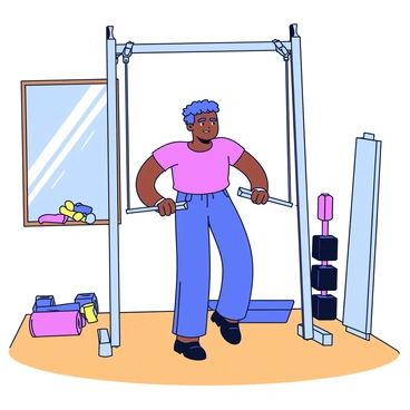 A person is engaging in cable crossovers in a home gym setting. They are using a cable machine with two adjustable pulleys positioned high above. The individual is standing in the center with a determined expression, holding the cable handles in each hand. Their legs are shoulder-width apart for stability. The floor is a wooden surface, and there is a large mirror on the wall reflecting their movements. Various fitness equipment, like dumbbells and a yoga mat, is neatly arranged in the background. Natural light is streaming in through a nearby window, illuminating the scene.