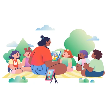 A storyteller with dark hair tied back is sitting on a picnic blanket in a park, surrounded by a group of attentive children. The storyteller is wearing a bright red shirt and denim shorts. In her lap rests a colorful storybook featuring vibrant illustrations. The children, a mix of boys and girls with various hair colors, are sitting cross-legged around her, gazing up with expressions of wonder. Nearby, a smartphone on a portable tripod captures the moment, showing the storytelling session in progress. Surrounding them are green trees and patches of colorful flowers, creating a lively outdoor atmosphere. A gentle breeze rustles the pages of the storybook as the storyteller shares her tales.
