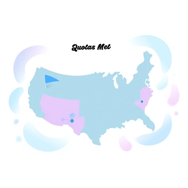 A detailed map featuring various regions highlighted in different shades to indicate areas where quotas have been met. Each highlighted region is marked with a small flag icon positioned clearly within its boundaries. Surrounding the map are faint outlines of neighboring regions, maintaining a gradient of pastel colors throughout the background. The title "Quotas Met" is displayed prominently at the top of the map.