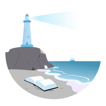 A tall lighthouse stands on a rugged cliff, casting a bright beam of light that stretches across the dark ocean waters. At the base of the lighthouse, on the sandy shore, lies an open Bible, its pages gently fluttering in the breeze. The scene is illuminated by the warm glow of the lighthouse beam, creating a contrast against the cool tones of the evening sky. Soft waves lap at the shore, and the distant silhouette of a ship is visible on the horizon.