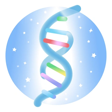 A colorful double helix of DNA spirals upwards, showcasing vibrant hues of blue, green, red, and yellow. Each strand of the helix is composed of intricate, linked nucleotides that glow subtly. The backdrop features a deep, dark blue starry night sky filled with countless twinkling stars of various sizes. The stars create a shimmering effect, adding depth to the scene. The DNA structure stands prominently, contrasting beautifully with the celestial background.