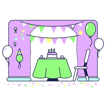 A child's birthday room is filled with colorful decorations. The walls are adorned with "rainbow bunting" that stretches from one corner to another, creating a festive atmosphere. "Balloons" in various shapes and sizes float around the room, some tied to a chair and others drifting freely. In the center of the room, there is a round table covered with a bright tablecloth. "Party hats" sit atop each place setting, ready for the guests. A "cake" with colorful frosting sits prominently on the table, surrounded by small plates and colorful utensils. The floor is scattered with "confetti" that adds to the celebratory vibe.