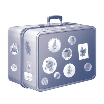 An old suitcase with a weathered exterior, showing signs of wear and age. It is covered in an assortment of travel stickers, each reflecting various destinations and adventures. One prominent sticker features an intricate illustration of a fern, capturing its detailed fronds. The suitcase is closed, resting on a surface that suggests it has just returned from a journey, evoking a sense of nostalgia and wanderlust.