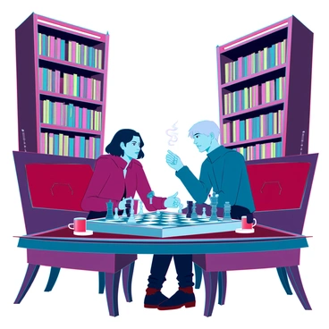 Two opponents, one with dark hair and the other with silver hair, are deeply focused on a chessboard positioned in the center of an ornate wooden table. The chess pieces are intricately designed, showcasing a mix of traditional and futuristic styles. Surrounding them are towering bookshelves filled with colorful books, illuminated by warm, amber lighting. A plush, red velvet armchair is positioned nearby, and a steaming cup of tea rests on the table, adding to the intimate atmosphere. The opponents' expressions reflect concentration and strategy as they ponder their next moves.