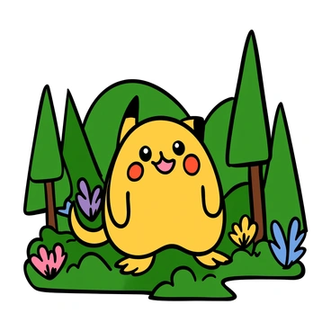 A Pokémon card design featuring a vibrant landscape filled with tall green trees, colorful flowers, and rolling hills in the background. In the foreground, a large, friendly Pokémon stands prominently, with a cheerful expression and bright colors that contrast beautifully with the natural scenery. The Pokémon is positioned to emphasize the size of the card, taking up a significant portion of the image, showcasing its scale against the lush environment. The overall composition is lively and inviting, drawing attention to both the Pokémon and the rich details of the surrounding nature.
