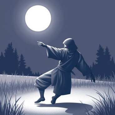 A ninja is performing martial arts moves in a dark, open area illuminated by the light of the moon. The ninja is dressed in a traditional black outfit, with a hood covering the head. The figure is captured in a dynamic pose, displaying agility and strength, with limbs extended in a fluid motion. The surroundings include tall grass swaying gently in the night breeze, and the moon shines brightly overhead, casting soft shadows on the ground. There are faint outlines of trees in the background, creating a secluded atmosphere.