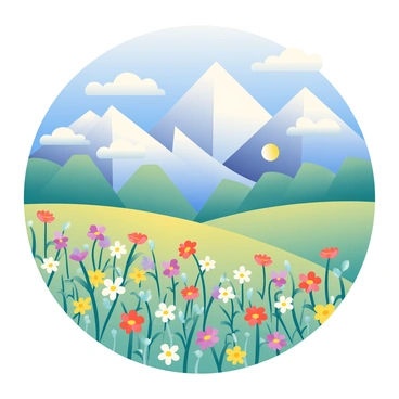 A vibrant alpine meadow filled with a variety of blossoming wildflowers in shades of purple, yellow, and red is spread out in the foreground. The wildflowers sway gently in the breeze, creating a lively display of color. In the background, towering snow-capped mountains rise majestically against a clear blue sky. The sun casts a warm light across the meadow, illuminating the flowers and enhancing the contrast with the cool, white peaks of the mountains. A few fluffy white clouds drift lazily above the mountains, adding to the picturesque scene.