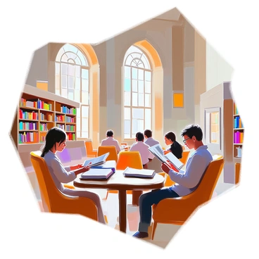 An illustration of the Serbian National Library, showcasing the grand architecture with tall arched windows and intricate stonework. Inside the library, various people are engaged in reading; a young woman with dark hair is seated at a wooden table with a stack of books, while an elderly man with glasses reads a newspaper in a cozy armchair. A group of students is gathered at another table, studying together, surrounded by shelves filled with books. Soft light filters through the windows, illuminating the space.