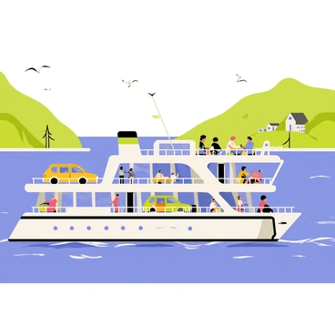 A large ferry with a white hull and bright blue trim is actively transporting passengers and vehicles across a wide river. The ferry has several decks filled with people, some leaning against the railing while others are seated at tables. Various vehicles, including cars and bicycles, are parked securely on the lower deck. The water is a vibrant blue, with gentle ripples reflecting the sunlight. In the background, green hills rise on either side of the river, dotted with trees and small houses. A few seagulls are flying above the ferry, adding to the liveliness of the scene.