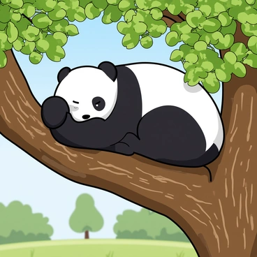 A fluffy baby panda with black and white fur is curled up comfortably on a thick tree branch. The panda has its eyes closed, resting peacefully with its small paws tucked under its chin. Surrounding the branch are vibrant green leaves, some gently swaying in the breeze. Sunlight filters through the leaves, casting soft shadows on the panda's fur. The branch is sturdy and covered in rough bark, adding texture to the scene. The setting has a serene feel with a few distant trees softly blurred in the background.