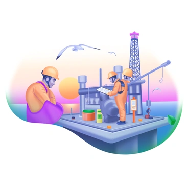 A scene depicting engineers on an offshore oil rig platform during sunset. The engineers are wearing safety helmets and orange coveralls. In the background, large oil rig structures and pipes are visible against the setting sun, which casts warm hues of orange and pink across the sky. The ocean waves gently reflect the colors of the sunset. One engineer is inspecting equipment while another is checking a clipboard. There are safety signs and tools scattered around the platform. Seagulls can be seen flying in the distance, completing the offshore atmosphere.
