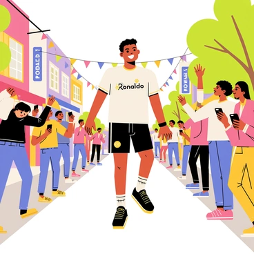 A bustling city center filled with people and activity. In the foreground, "Ronaldo" is walking, wearing a stylish sports outfit, with a bright smile on his face. Surrounding him are excited fans, each holding their smartphones, eager to capture the moment. Some fans are jumping up and down with excitement, while others are reaching out to shake his hand. The background features modern buildings and colorful storefronts, contributing to the lively atmosphere of the scene. Bright banners hang overhead, and a few trees line the sidewalks, adding to the urban feel.