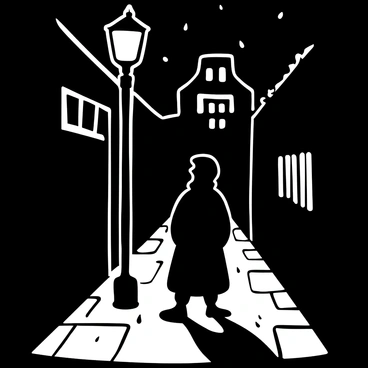 A shadowy alley is depicted, with a figure in a long trench coat standing near a flickering streetlamp. The figure's outline is sharply defined against the bright light, creating a stark contrast with the deep shadows surrounding them. Rain slicks the cobblestone ground, reflecting the light in glistening patterns. In the background, the silhouettes of tall buildings loom under the night sky, adding to the tension of the scene. The words "Noir" are etched on a nearby wall in a bold, dramatic font.