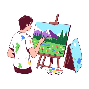 An artist is standing in front of an easel, focused on painting a new illustration of a nature scene. The artist has short brown hair and is wearing a white shirt covered in colorful paint splatters. The easel holds a canvas depicting a vibrant landscape filled with green trees, a clear blue sky, and colorful wildflowers in the foreground. In the background, there is a majestic mountain range with snow-capped peaks. Next to the artist, there is a small palette with an array of paint colors. The old nature scene, faded and worn, is leaning against a nearby wall, showing signs of age and neglect.