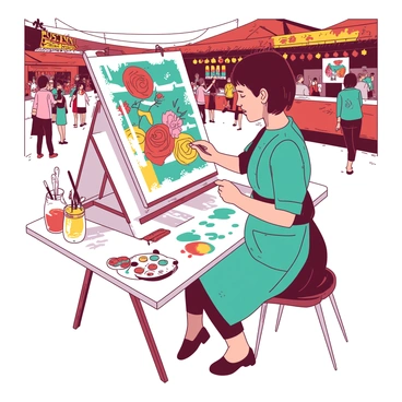 An illustration student with short brown hair is sitting at a white folding table, working on a large canvas. The canvas features vibrant themed artwork depicting various cultural symbols and motifs. Surrounding the student are colorful paint tubes, brushes, and a small palette filled with mixed colors. In the background, there are other festival booths adorned with colorful decorations and people mingling, creating a lively atmosphere. The student is focused on adding details to the artwork, with splatters of teal paint on their apron.