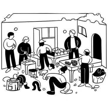A group of survivors is gathered in a makeshift market inside a ruined building, with crumbling walls and scattered debris. Different types of goods are displayed on makeshift tables, including canned food, clothing, and tools. Some survivors are engaged in trading, exchanging items with serious expressions. A few children can be seen playing in the background, adding a sense of life to the scene. Sunlight filters through broken windows, casting shadows on the ground, and creating a contrast between light and dark areas of the market.