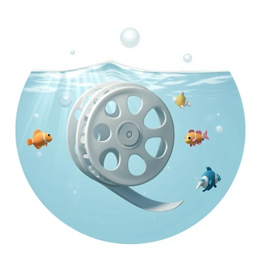 A film reel, made of shiny silver metal and intricately detailed, is partially submerged in crystal-clear water. The surrounding water glistens with reflections of light, enhancing its clarity. Colorful fish, such as vibrant orange clownfish and bright blue tangs, swim around the reel, their scales shimmering as they move gracefully. Small bubbles rise towards the surface, creating a sense of motion in the water. The background features soft ripples, indicating gentle currents, while sunlight filters through the water, creating beams of light that illuminate the scene.
