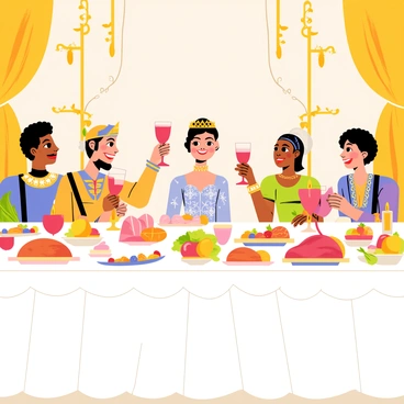 Priscilla is seated at a long banquet table adorned with an elaborate white tablecloth. The table is filled with an array of colorful dishes including roasts, fruits, and pastries. Candles flicker softly in ornate golden candle holders, casting light across the spread. Priscilla, wearing an elegant gown with intricate patterns, smiles as she raises a goblet filled with a rich red drink. Surrounding her are several courtiers, dressed in lavish attire with decorative hats and accessories, all engaged in cheerful conversation and laughter. The scene captures the opulence of the feast with decorative banners and fruit arrangements adding to the festive atmosphere.