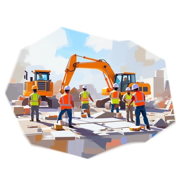 A group of construction workers is actively engaged in building new roads and bridges. There are men and women of varying ethnicities, each wearing hard hats and safety vests, working together on a busy construction site. Heavy machinery, such as bulldozers and cranes, is positioned in the background, lifting materials. The foreground features a mix of concrete supplies and tools scattered around as workers collaborate to measure and lay down asphalt. The scene illustrates the effort and teamwork involved in addressing infrastructure needs driven by population growth.