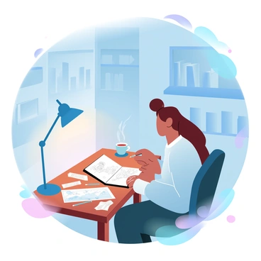 An illustrator working late into the evening in a dimly lit room with a cup of tea