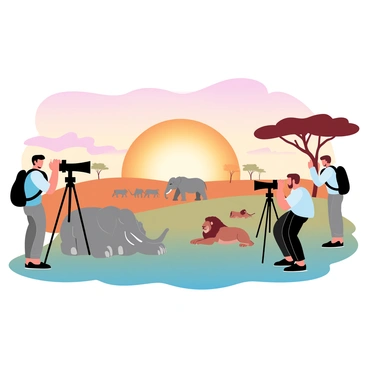 A group of wildlife photographers is positioned on a grassy savannah as the sun sets in a vibrant display of orange and pink hues. Each photographer is equipped with a large camera and tripod, focused intently on different animals in the distance. A herd of elephants can be seen grazing peacefully while a pride of lions lounges nearby under the golden light. Silhouettes of acacia trees dot the landscape, creating distinct shapes against the colorful sky. The atmosphere is filled with the excitement of capturing the perfect shot in this stunning natural setting.