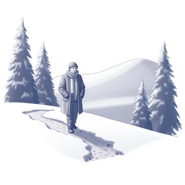 A vagabond is walking along a snowy trail. The individual is bundled in a worn, layered coat, with a scarf wrapped around the neck, and a beanie covering the head. The snow is fresh and powdery, with the vagabond’s footprints clearly visible in the white blanket. Surrounding the trail, tall, snow-dusted trees stand majestically, their branches heavy with snow. In the distance, a gentle slope rises, leading to a soft, rolling hill covered in sparkling snow. The sky above is overcast, giving the scene a muted ambiance.