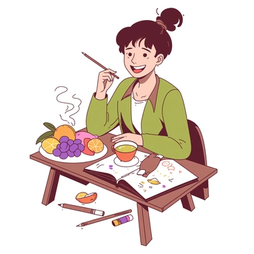 An artist with a joyful expression is sitting at a small wooden table, enjoying a creative breakfast. The table is adorned with a white plate featuring a colorful array of fruits, including slices of orange and a bunch of grapes. Next to the plate, there is a steaming cup of coffee, with wisps of steam rising into the air. The artist is holding a pencil in one hand and is focused on sketching ideas in a notepad that lies open in front of them. Scattered around the notepad are a few colorful paint tubes and brushes. The scene is filled with an atmosphere of inspiration and creativity.
