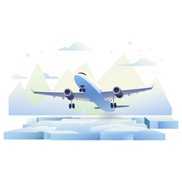 An aircraft is descending toward an icy runway surrounded by a vast arctic landscape. The plane has a sleek, metallic body with blue and white color accents. The icy runway glistens under the soft light, reflecting shades of blue and white. In the background, there are snow-covered mountains under a clear, pale sky. Flurries of snow are gently falling, adding a sense of movement to the scene. The aircraft's landing gear is extended, and the wings are slightly tilted as it approaches the runway.