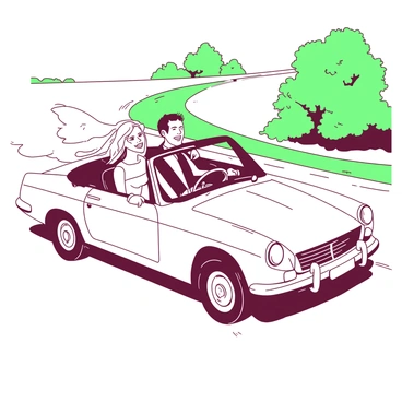 A white convertible car is parked on a winding road, with its roof down. The car has a shiny exterior reflecting sunlight. Inside the car, a couple is seated, both smiling widely as they enjoy the breeze. The bride, wearing a flowing white dress and a delicate veil, sits in the passenger seat, her hair billowing in the wind. The groom, dressed in a classic black suit, is driving with one hand on the steering wheel. The background shows lush green trees lining the road.