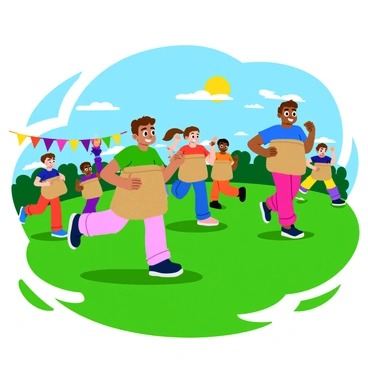 A group of energetic kids wearing colorful t-shirts are hopping energetically in burlap sacks during a field day sack race. Each child is smiling and showing excitement as they leap forward on a green grassy field. The bright sun shines overhead, casting playful shadows on the ground. In the background, colorful banners and cheering parents can be seen, adding to the lively atmosphere of the event. The burlap sacks are worn and textured, contrasting with the vibrant clothing of the children.