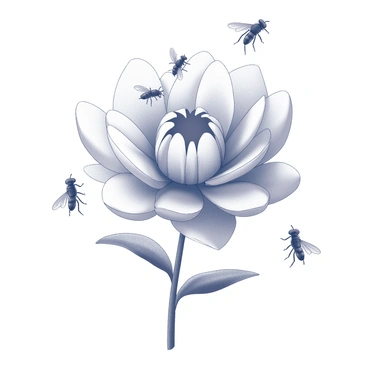 A flower with multiple layers of petals and a prominent central structure. It has intricate details in its design, showcasing the natural form of the petals. Surrounding the flower are several small flies, each with delicate wings and a slightly rounded body. The flies are positioned in various angles, some hovering close to the flower, while others are perched on the petals. A sense of movement is suggested within the scene as the flies appear to be interacting playfully with the flower.