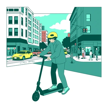 A teal person wearing a yellow helmet is riding a Bird scooter down a crowded street in San Francisco. The background features tall buildings with colorful facades, and various pedestrians are walking along the sidewalk. Some cars are driving on the road next to the scooter, and there are traffic lights in the distance. The person is leaning slightly forward, focused on navigating through the bustling environment.