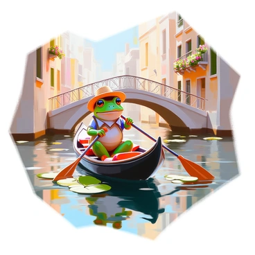 A whimsical scene featuring a green frog dressed in a tiny straw hat and a waistcoat, rowing a gondola through a canal reminiscent of Venice. The gondola has intricate details, and the water is dotted with lily pads and reflections of nearby buildings. In the background, elegant Victorian-style architecture lines the canal, complete with arched bridges and wrought iron balconies adorned with flowers. Soft, golden light bathes the scene, enhancing the charm of the setting. The frog displays a focused expression as it expertly maneuvers the oar in the water.