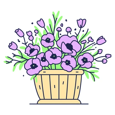 A rustic basket sits on a wooden surface, filled with a mixed bouquet of poppies and wildflowers. The poppies feature delicate petals that are arranged throughout the bouquet. The wildflowers are varied in shape and size, creating a vibrant composition. The basket is woven with natural fibers and has a slightly weathered appearance, adding charm to the arrangement. Green foliage peeks out from around the flowers, enhancing the natural look of the bouquet.