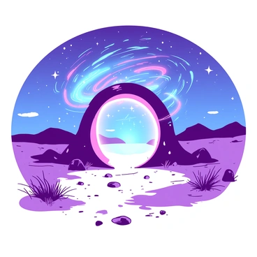 A vibrant portal swirling with cosmic energy is standing in the middle of a dry, barren desert. The portal emits a bright light, illuminating the sandy ground surrounding it. The desert features scattered rocks and sparse patches of dried grass, creating a stark contrast with the glowing colors of the portal. The sky above is filled with a gradient of blue and purple hues, reflecting the magic of the portal. Wisps of cosmic energy can be seen flowing in and out of the portal, adding to the mesmerizing scene.