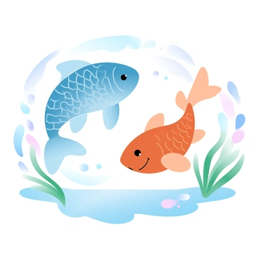 A pair of fish is swimming gracefully in a pond. The first fish has shimmering blue scales that reflect light, while the second fish exhibits vibrant orange scales. The surface of the water creates gentle ripples around them. Around the fish, various water plants are swaying gently, and subtle bubbles rise from the pond floor. The background features soft gradient shades of green and blue, enhancing the tranquil atmosphere.