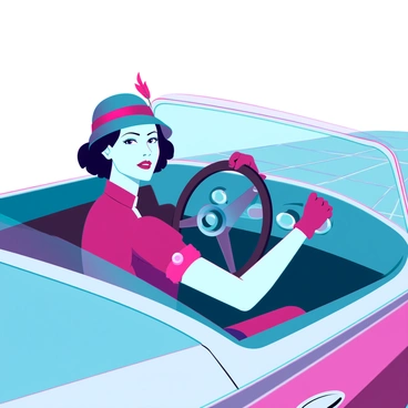 A woman with light skin and short dark hair is seated in a luxurious art deco style car. She is wearing elegant driving gloves and a fashionable cloche hat adorned with a small feather. The car features geometric patterns and chrome accents, reflecting the opulence of the art deco era. The woman has a confident expression as she grips the steering wheel, showcasing her stylish attire against the backdrop of the car's ornate interior. Sunlight streams through the windshield, highlighting the shiny surfaces and intricate details of the vehicle.