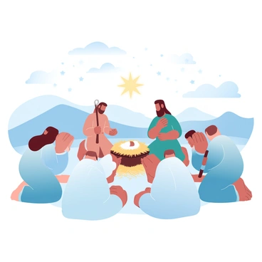 A group of shepherds is kneeling in a circular formation around a manger. The shepherds are dressed in simple, rustic clothing that reflects their humble lifestyle. Each shepherd is holding a staff, and their postures convey a sense of reverence and awe. The manger is situated at the center, with soft straw surrounding it. Above the manger, there is a soft glow emanating from a star, casting a warm light over the scene. In the background, there are rolling hills and a serene night sky filled with stars.