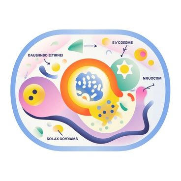 A colorful cutaway diagram of a cell is displayed, showcasing various organelles in detail. In the center, a prominent lysosome is illustrated, featuring its membrane and internal enzymes. The lysosome is surrounded by the cell's cytoplasm, with other organelles like the nucleus, mitochondria, and endoplasmic reticulum clearly labeled. Each organelle is represented in vibrant colors, highlighting their unique shapes and structures. Arrows indicate the function of the lysosome in breaking down waste materials within the cell. The background is a light, neutral color to enhance the visibility of the cell components.