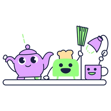 A collection of household objects is arranged on a countertop. In the center, there is a smiling purple teapot with large, friendly eyes and a cheerful expression. Next to it, a green toaster with a grinning face features glowing toast popping out of its slots. To the right, a purple lamp with a glowing bulb has arms and a wide smile, illuminating the scene. In the background, a green broom stands upright, sporting a playful expression and leaning slightly to one side. A purple mug with small hands is placed nearby, looking delighted as it holds a spoon. Each object radiates a sense of charm and enchantment.