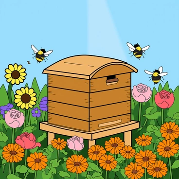A wooden beehive with a rustic finish sits prominently in the center of a vibrant garden. The hive has a rounded top and several small openings for the bees. Around the beehive, numerous bees with black and yellow stripes are actively buzzing, their wings a blur as they flit to and fro. The garden is filled with colorful flowers of various types, including bright yellow sunflowers, delicate pink roses, and an array of orange marigolds. Green leaves and stems surround the flowers, creating a lush backdrop. The sky above is clear blue, allowing sunlight to pour down onto the scene, highlighting the activity in the garden.
