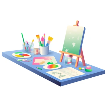 A cluttered desk is covered with various art supplies. There are several paintbrushes with colorful bristles placed in a small container. Tubes of paint in vibrant colors are scattered across the surface, alongside open jars of water for rinsing brushes. Sheets of different kinds of paper, some blank and others with sketches, are stacked haphazardly. A palette with a mix of paint colors sits in the corner, and a few pencils are lying next to an eraser. In the background, an easel can be partially seen, holding a canvas with unfinished artwork.