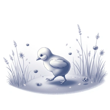 A chick walking through a wide, open meadow filled with tall grass. The chick has soft, fluffy feathers and is curiously pecking at the ground. Scattered throughout the grass are several ladybugs, some climbing on blades of grass, while others are resting on the ground. The meadow extends in the background, dotted with wildflowers and patches of lighter grass, creating a spacious and natural setting. The sky above is clear and open, enhancing the feeling of an expansive landscape.