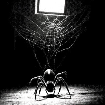 A spider is in the center of a massive web, which stretches across the dimly lit space of an abandoned attic. The web is intricately designed, with visible strands creating a complex pattern. The spider has a glossy body and long legs, carefully weaving additional threads. Dust particles float in the air, catching the light from a single beam illuminating the scene. The walls of the attic are cracked and weathered, with old wooden beams visible in the background, enhancing the sense of neglect and solitude.