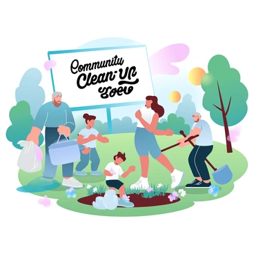 A group of people of various ages is actively participating in a cleanup effort within a lush, green park. An elderly man is picking up litter with a trash bag, while a young child holds a small bucket filled with collected waste. Nearby, a middle-aged woman is planting flowers in a garden bed, and a teenager is raking leaves. Brightly colored trees and flowers surround the scene, and the sun casts a warm glow over the park, enhancing the vibrant atmosphere. A large sign that reads "Community Clean-Up Day" is displayed prominently in the background.