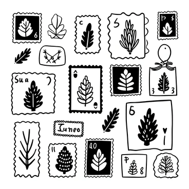 A display of postage stamps arranged in a grid, each showcasing a different pine cone design. The stamps vary in size and shape, with intricate details of the pine cones illustrated. Some stamps include small labels indicating the country of origin, while others feature borders or decorative elements typical of postage stamps. The overall composition is neatly organized on a plain background to enhance the visual clarity of the stamps.