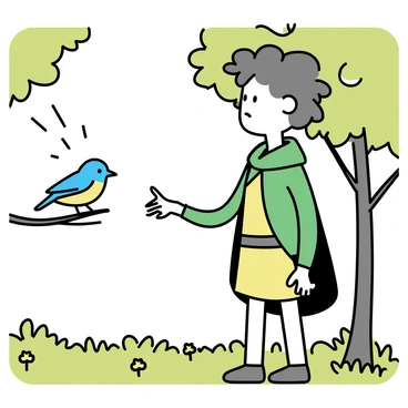 A young hobbit with curly brown hair and wearing a green cloak is standing in a lush, green forest. He has a gentle expression on his face as he extends his hand towards a small, colorful bird perched on a branch. The bird, with vibrant feathers in shades of blue and yellow, seems curious and is leaning toward the hobbit's hand. Sunlight filters through the leaves, creating dappled light on the forest floor, where patches of wildflowers are visible.