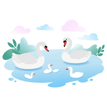A family of swans gliding across a calm lake with gentle ripples forming around them. The adult swans, one male and one female, are leading the way, with their long necks elegantly arched. Several cygnets are following closely behind, their fluffy bodies creating small disturbances in the water. The surface of the lake reflects soft pastel colors from the sky above, enhancing the serene atmosphere. Surrounding the lake are lush green plants and trees, providing a natural backdrop to the graceful scene.