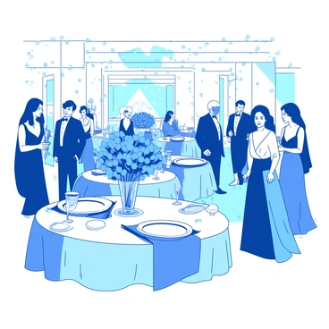 A white and blue elegant charity gala reception is set in a spacious hall adorned with twinkling fairy lights. There are several round tables elegantly set for dinner, each covered with white tablecloths and featuring blue centerpieces of fresh flowers in crystal vases. The tables have polished silverware, gleaming wine glasses, and neatly folded napkins. Guests dressed in formal attire are mingling, with women in long evening gowns and men in tuxedos. Some guests are holding champagne flutes, while others are engaged in conversation, smiling and enjoying the upscale ambiance of the event.